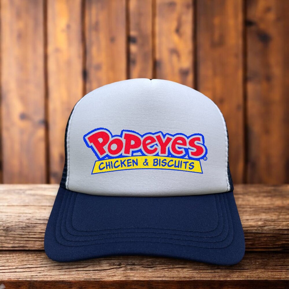 Popeyes Chicken and Biscuits Mens Trucker Hat Navy Snapback Defunct Restaurant
